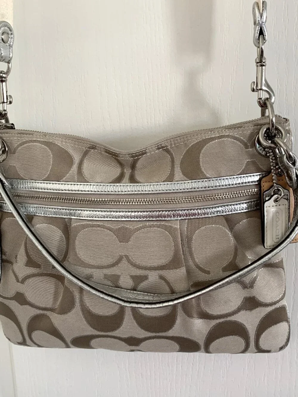 Coach Poppy Metallic Signature Hippie Bag Crossbody Khaki Silver 19131 Like New